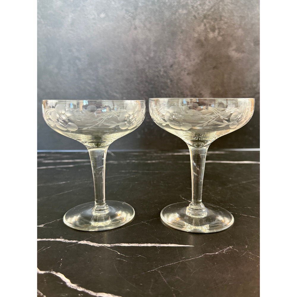 PAIR (2) Vintage Floral Etched 4.5in Champagne Sherbet Coupes
